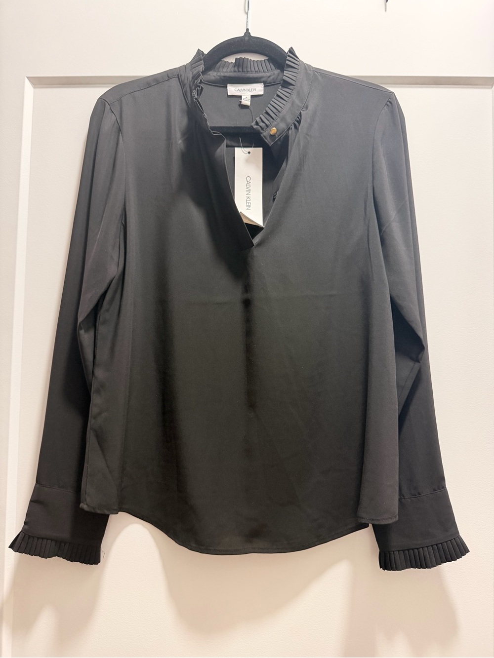 Calvin Klein Black Long Sleeve Blouse with Pleated Trim